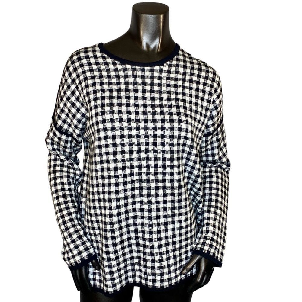 J. JILL Knit Sweater Warm Cozy High Low Hem Oversized Boxy Checked Pattern SZ M